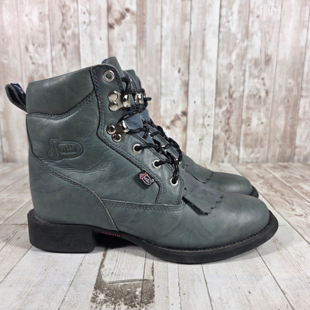 Justin Womens L0610 Blue Gray Leather Lace Up Kiltie Work Boots Size 5.5 C